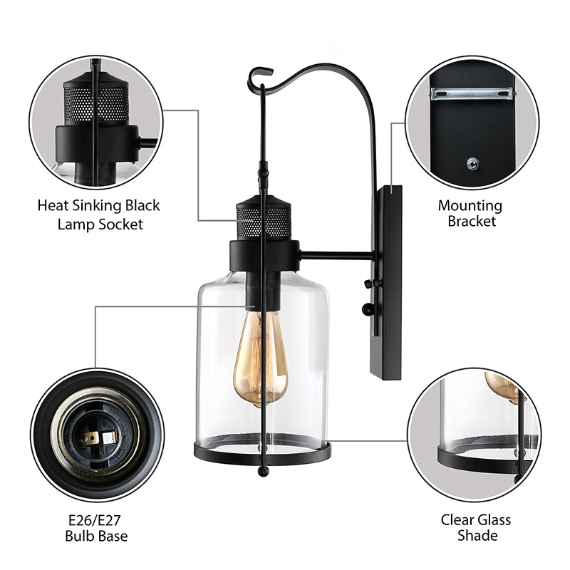 Siopsrl| Cylinder clear glass wall-mounted lamp industrial single bulb living room wall sconce in black/white/rust with cage