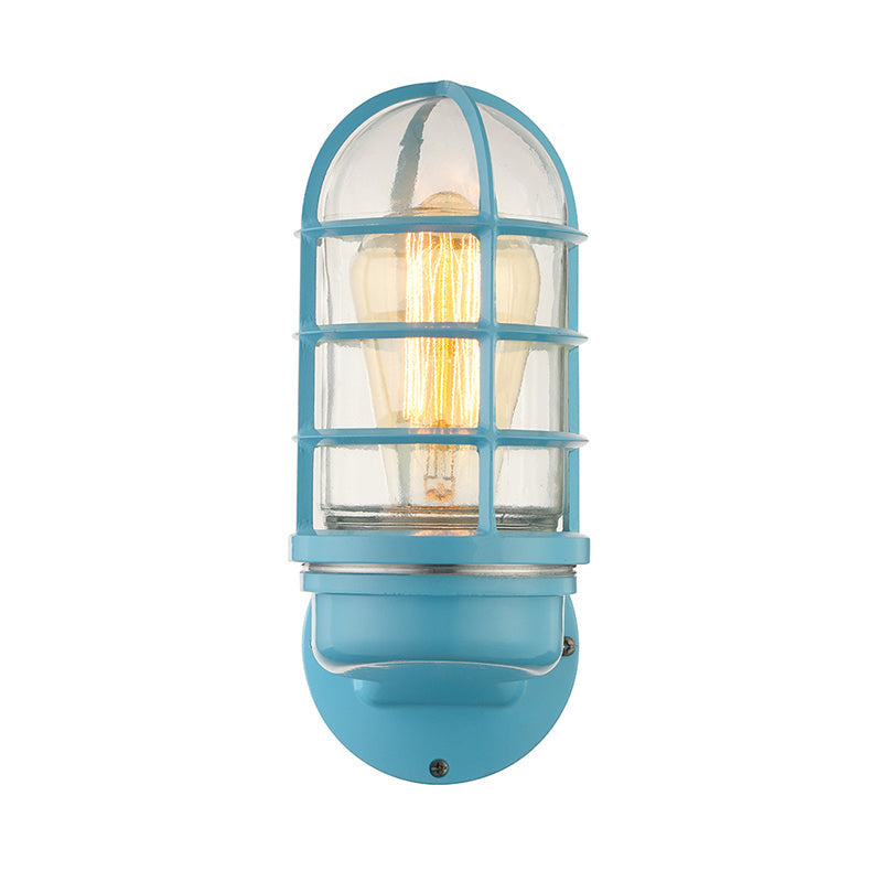 Siopsrl| Cylinder Clear Glass Wall Mounted Lamp Industrial Single Bulb Living Room Wall Light in Pink/Blue/Green with Cage