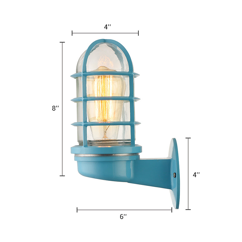 Siopsrl| Cylinder Clear Glass Wall Mounted Lamp Industrial Single Bulb Living Room Wall Light in Pink/Blue/Green with Cage
