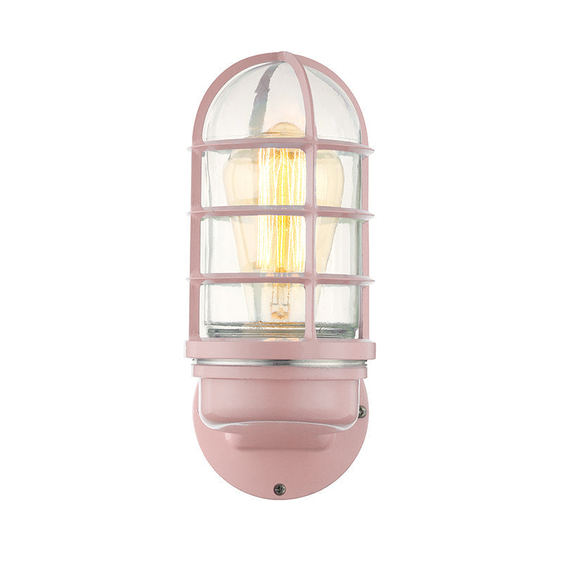 Siopsrl| Cylinder Clear Glass Wall Mounted Lamp Industrial Single Bulb Living Room Wall Light in Pink/Blue/Green with Cage