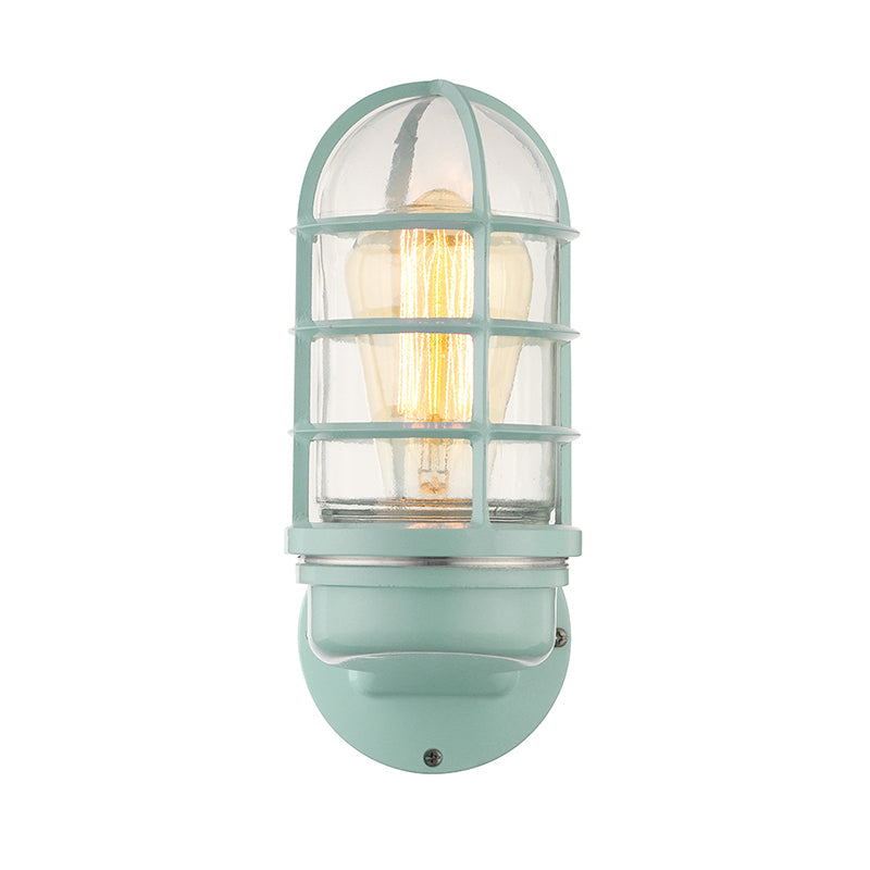 Siopsrl| Cylinder Clear Glass Wall Mounted Lamp Industrial Single Bulb Living Room Wall Light in Pink/Blue/Green with Cage