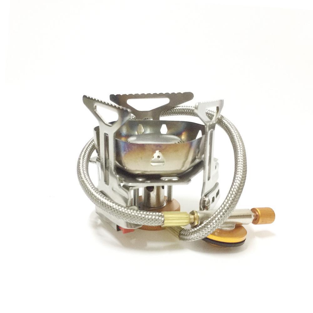 Siopsrl | stainless steel folding backpacking gas stove with braided fuel hose and windproof simmer-control regulator Siopsrl