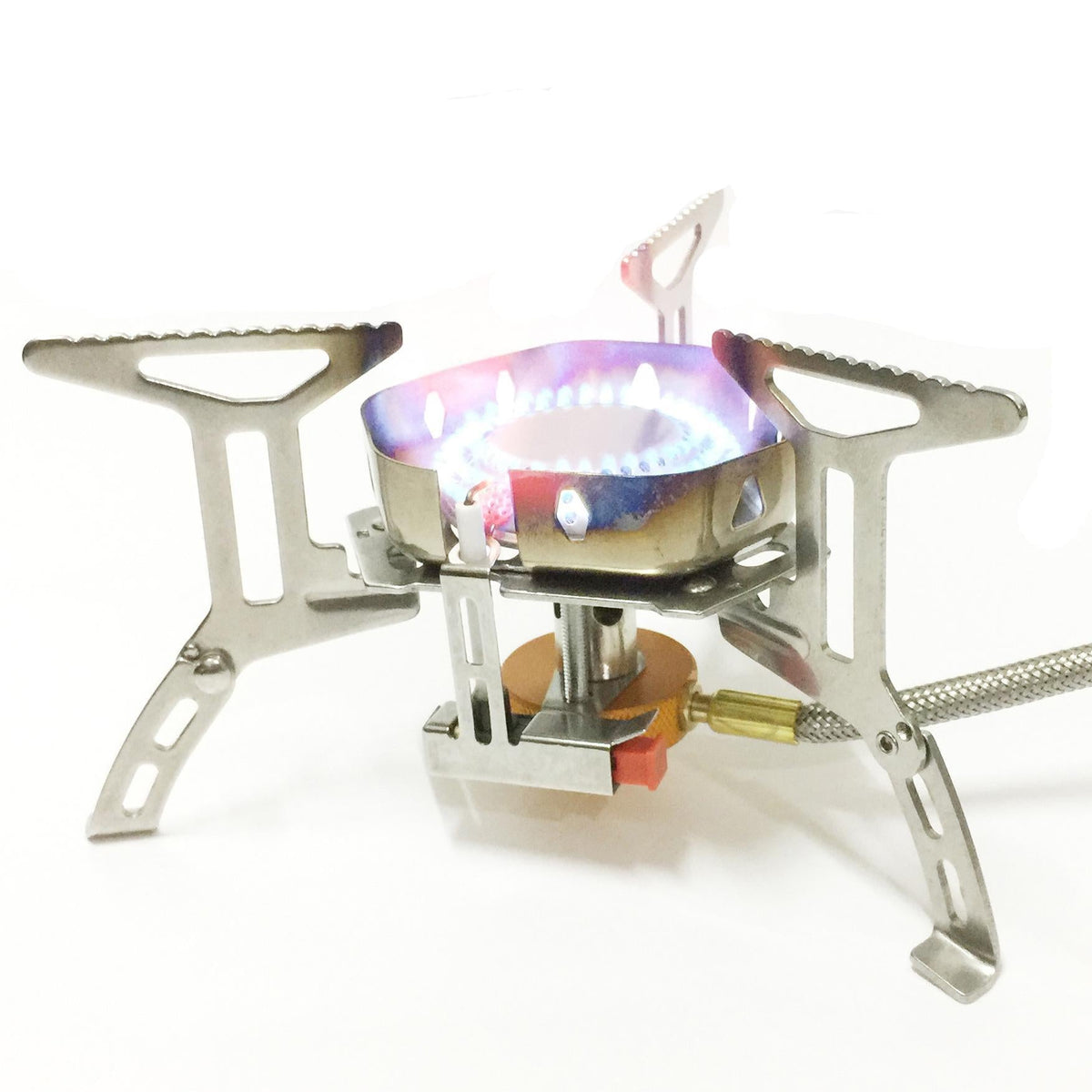 Siopsrl | stainless steel folding backpacking gas stove with braided fuel hose and windproof simmer-control regulator Siopsrl