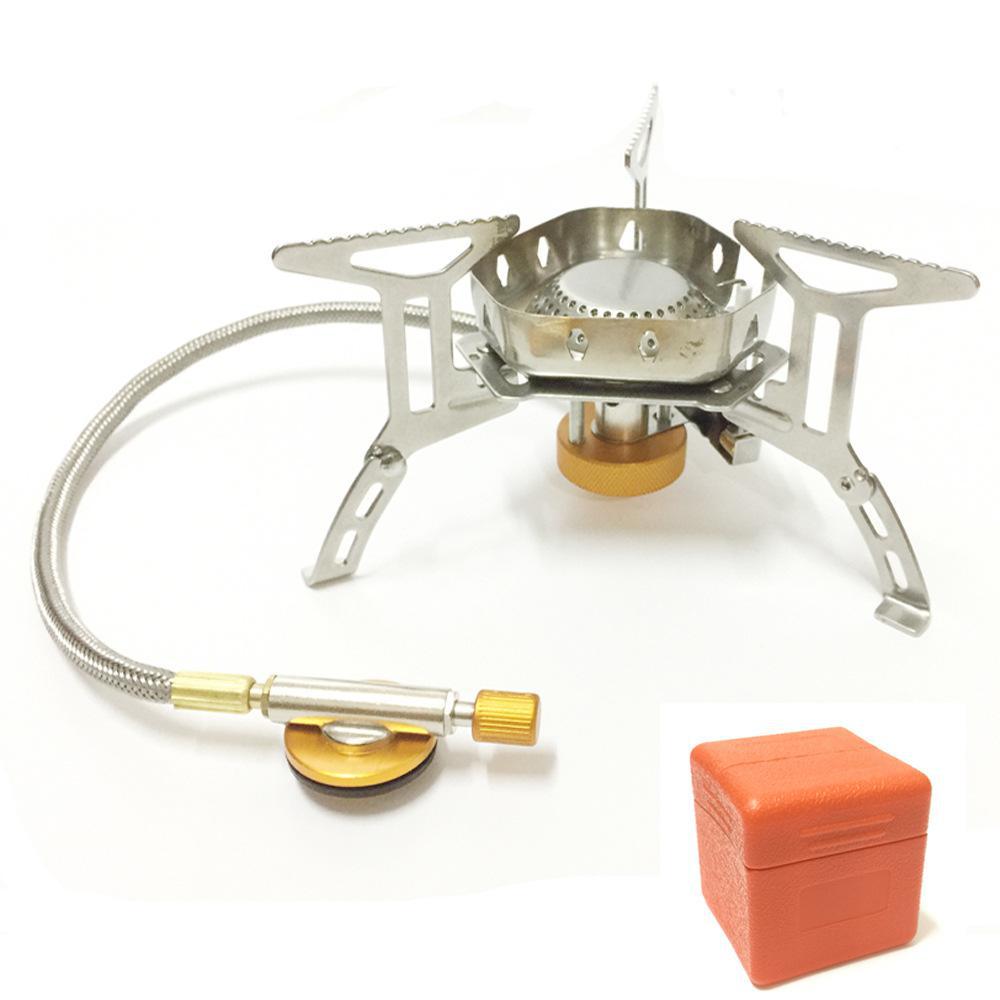 Siopsrl | stainless steel folding backpacking gas stove with braided fuel hose and windproof simmer-control regulator Siopsrl