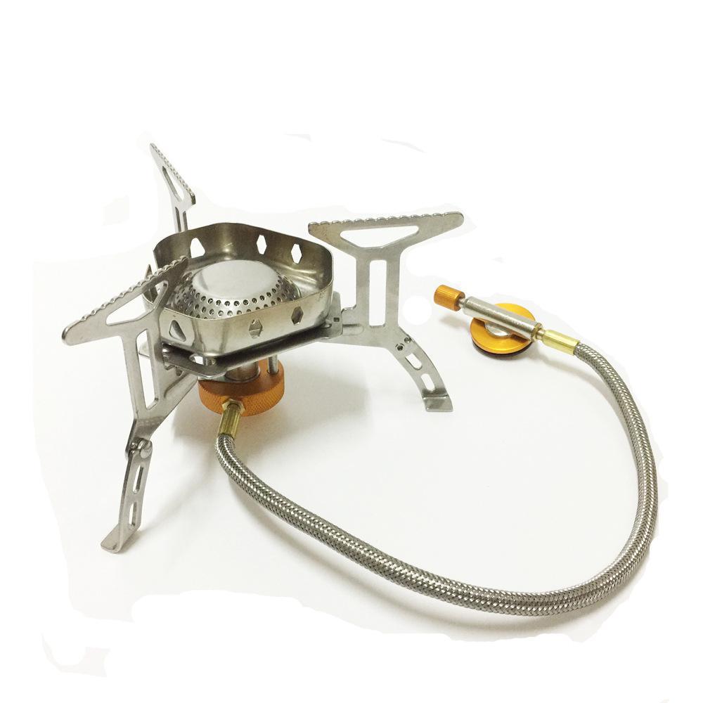 Siopsrl | stainless steel folding backpacking gas stove with braided fuel hose and windproof simmer-control regulator Siopsrl