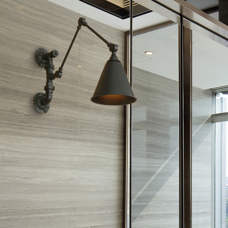Siopsrl| 1 Bulb Swing Arm Wall Lamp Lighting Industrial Black Metal Wall Mount Light with Cone Shade