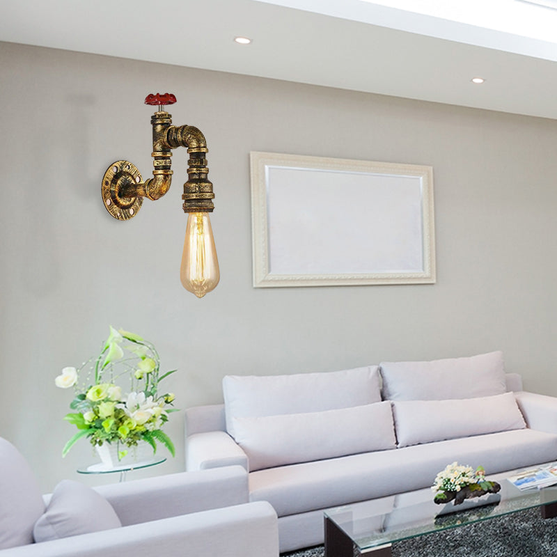 Siopsrl| Antique Brass Faucet Form Wall Sconce with Valve Industrial 1 Light Living Room Wall Mount Light