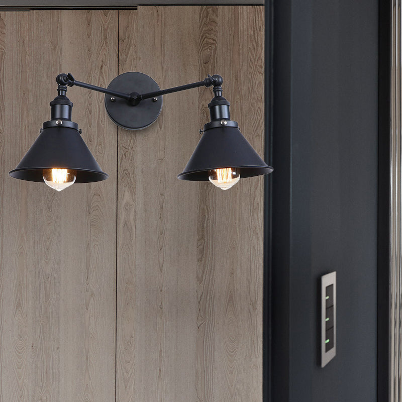 Siopsrl| Tapered Umbrella Iron Wall Mount Light Industrial Vintage 2 Heads Farmhouse Wall Mount Light in Black/Brass