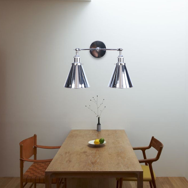 Siopsrl| Polished Chrome Conic Wall Mount Fixture Retro Style Iron 2 Lights Dining Room Wall Mount Light