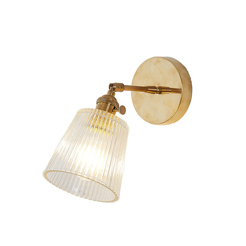 Siopsrl| 1 Light Clear Ribbed Glass Wall Lamp Light Industrial Brass Cone Living Room Lighting Fixture
