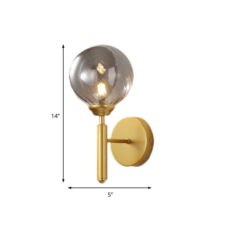 Siopsrl| 1 Bulb Globe Wall Mounted Light Fixture Modern Brass Smoked Textured Glass Lighting