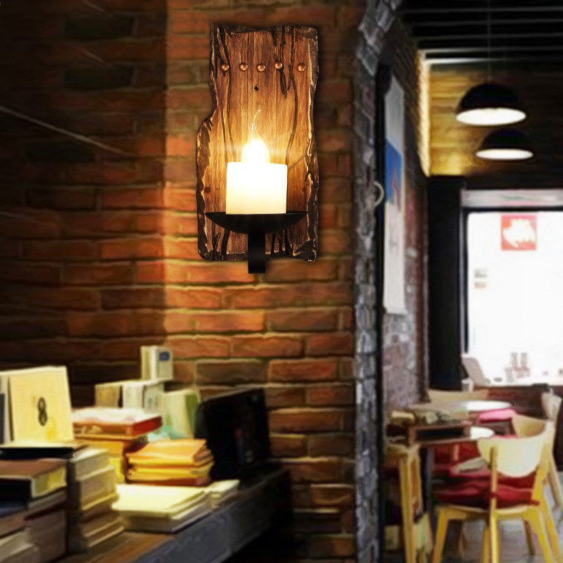 Siopsrl| Cylinder Coffee Shop Wall Light Fixture Artificial Marble 1 Light Brown Wall Lamp with Wood Semi-Cap/Base/Rectangle Base