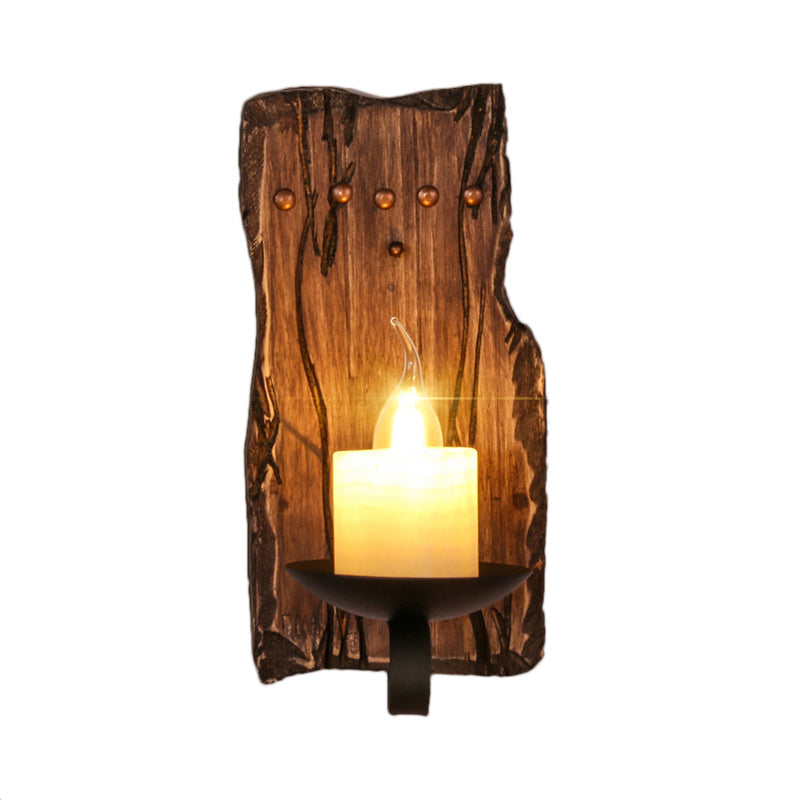 Siopsrl| Cylinder Coffee Shop Wall Light Fixture Artificial Marble 1 Light Brown Wall Lamp with Wood Semi-Cap/Base/Rectangle Base