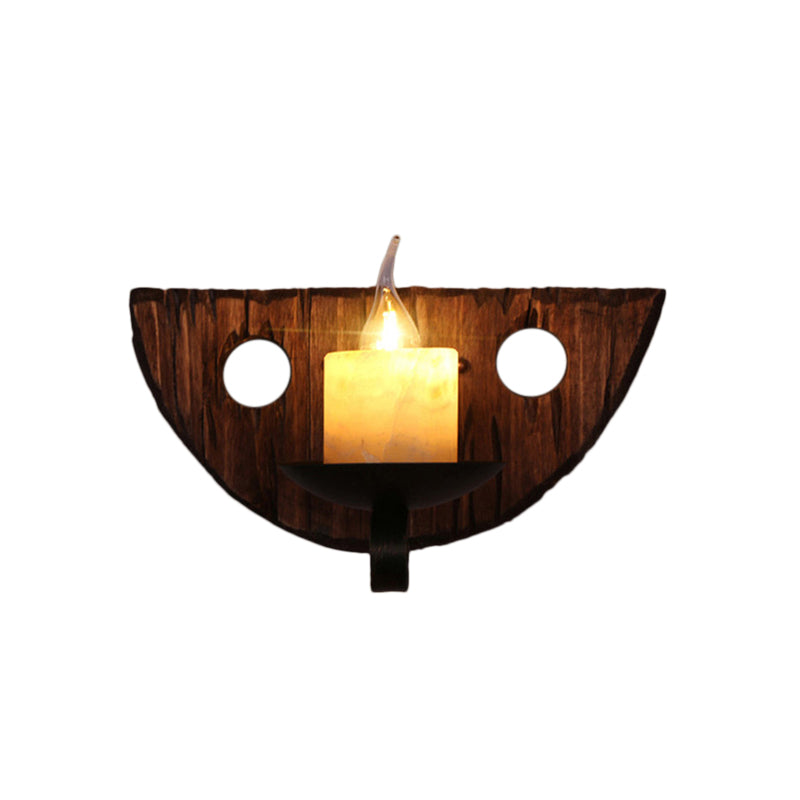 Siopsrl| Cylinder Coffee Shop Wall Light Fixture Artificial Marble 1 Light Brown Wall Lamp with Wood Semi-Cap/Base/Rectangle Base