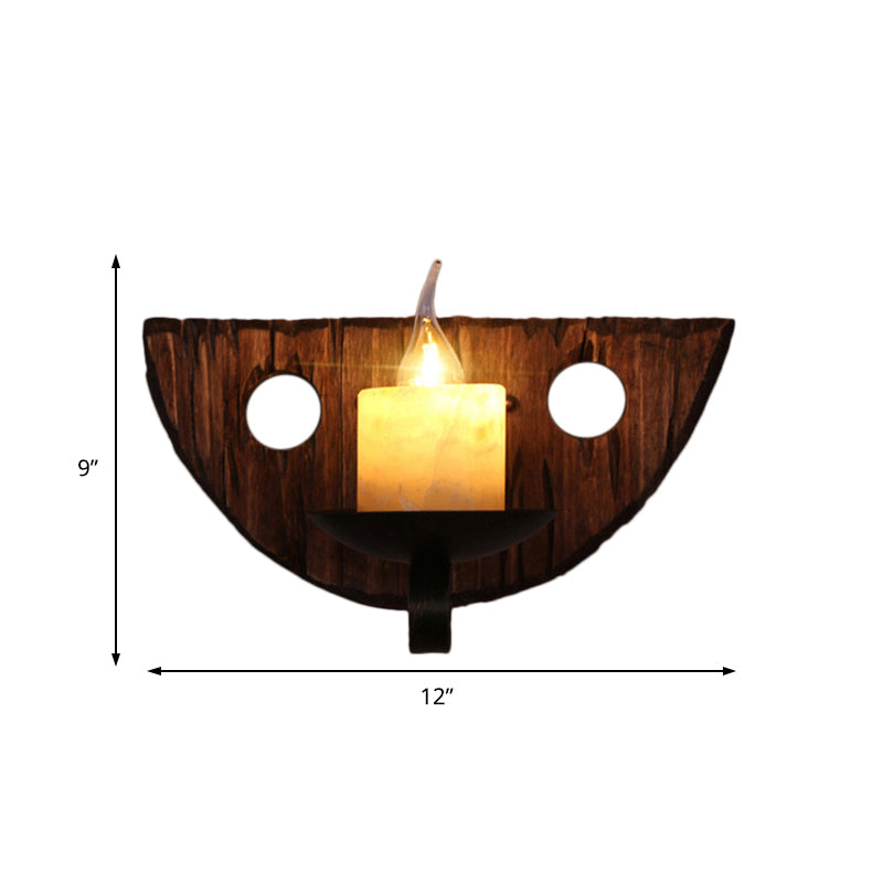 Siopsrl| Cylinder Coffee Shop Wall Light Fixture Artificial Marble 1 Light Brown Wall Lamp with Wood Semi-Cap/Base/Rectangle Base