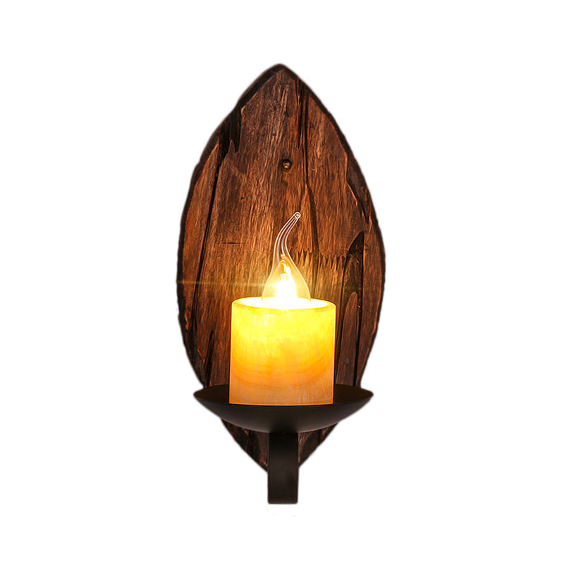 Siopsrl| Cylinder Coffee Shop Wall Light Fixture Artificial Marble 1 Light Brown Wall Lamp with Wood Semi-Cap/Base/Rectangle Base