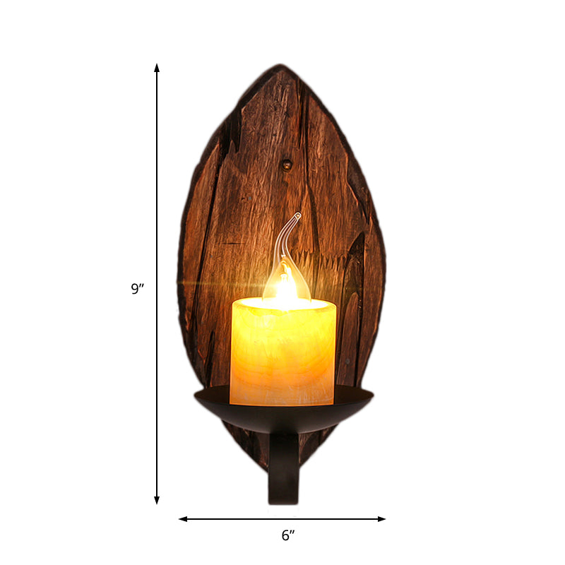 Siopsrl| Cylinder Coffee Shop Wall Light Fixture Artificial Marble 1 Light Brown Wall Lamp with Wood Semi-Cap/Base/Rectangle Base