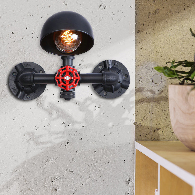 Siopsrl| Steampunk Dome Wall Lamp Fixture with Valve Wheel 1 Head Metallic Wall Light in Black for Living Room