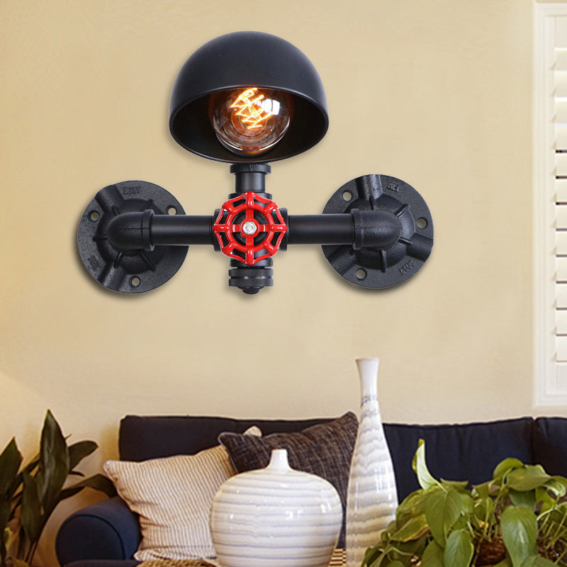 Siopsrl| Steampunk Dome Wall Lamp Fixture with Valve Wheel 1 Head Metallic Wall Light in Black for Living Room