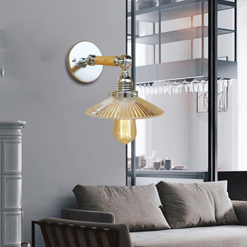 Siopsrl| 1 Light Clear Ribbed Glass Wall Sconce Light Industrial Chrome Cone Living Room Lighting Fixture, 8"/4"/6" Width Wood Arm