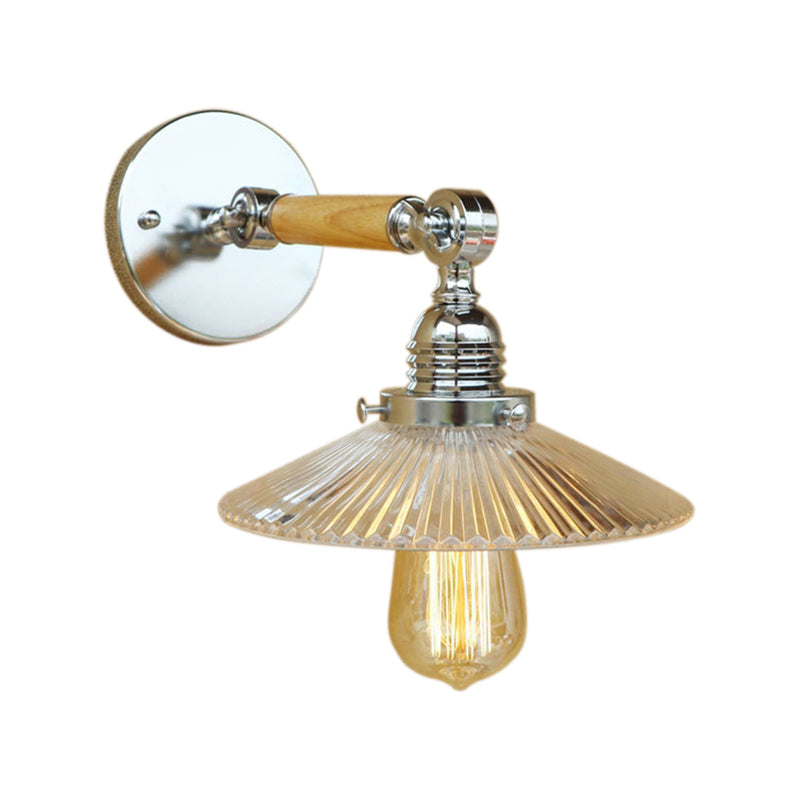 Siopsrl| 1 Light Clear Ribbed Glass Wall Sconce Light Industrial Chrome Cone Living Room Lighting Fixture, 8"/4"/6" Width Wood Arm