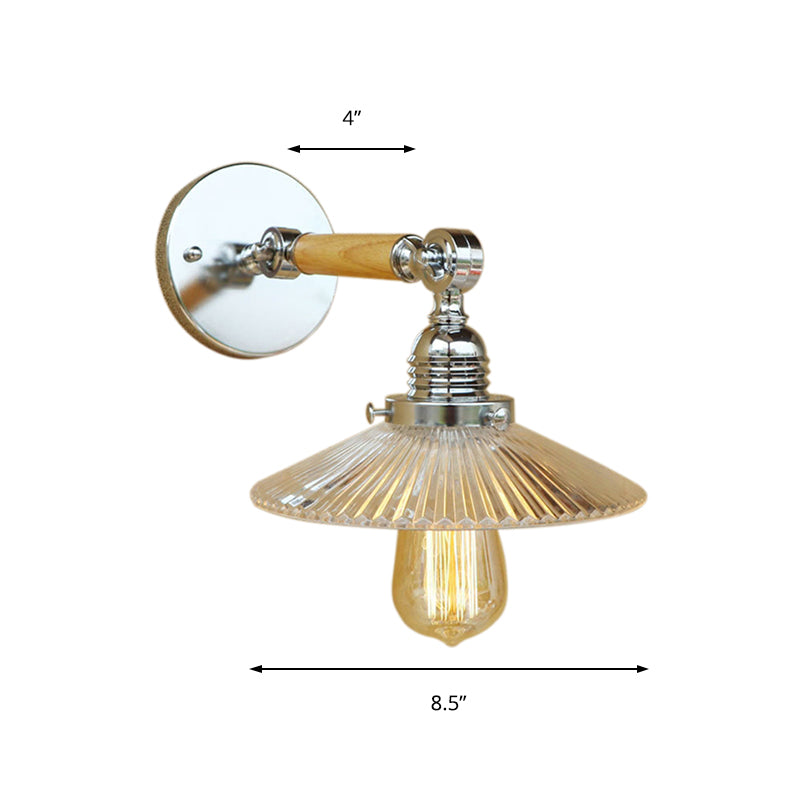 Siopsrl| 1 Light Clear Ribbed Glass Wall Sconce Light Industrial Chrome Cone Living Room Lighting Fixture, 8"/4"/6" Width Wood Arm