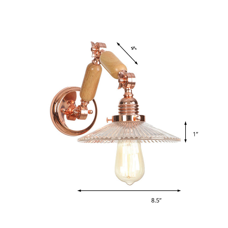 Siopsrl| A wall light with a light bulb and conical shade made of clear prismatic glass, industrial wall lamp for the living room with curved arm