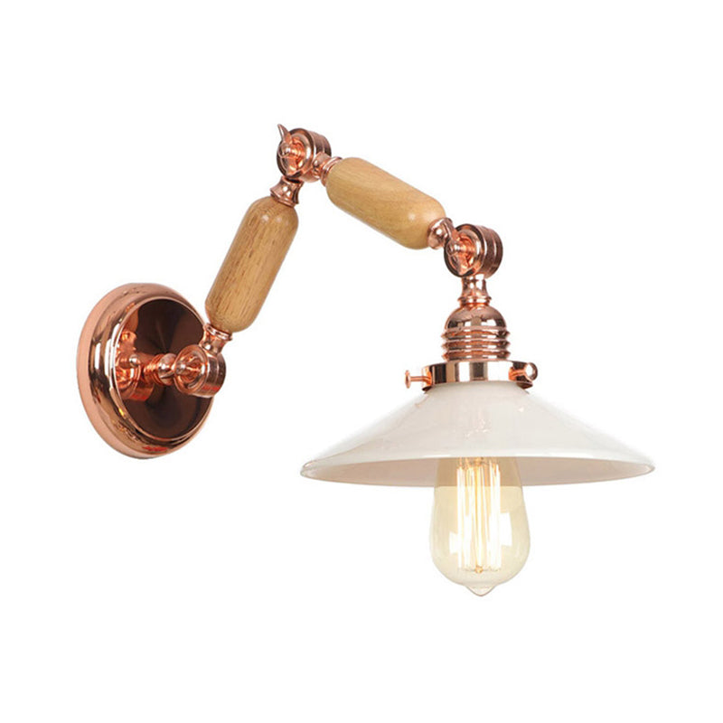 Siopsrl| White glass conical wall lamp industrial 1 light living room lighting fixture with retractable arm
