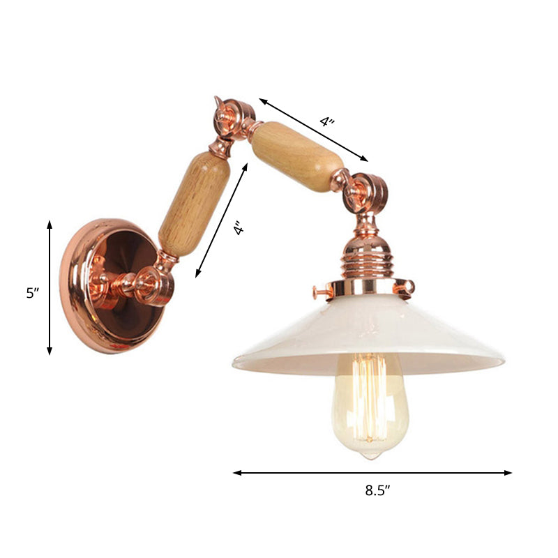 Siopsrl| White glass conical wall lamp industrial 1 light living room lighting fixture with retractable arm