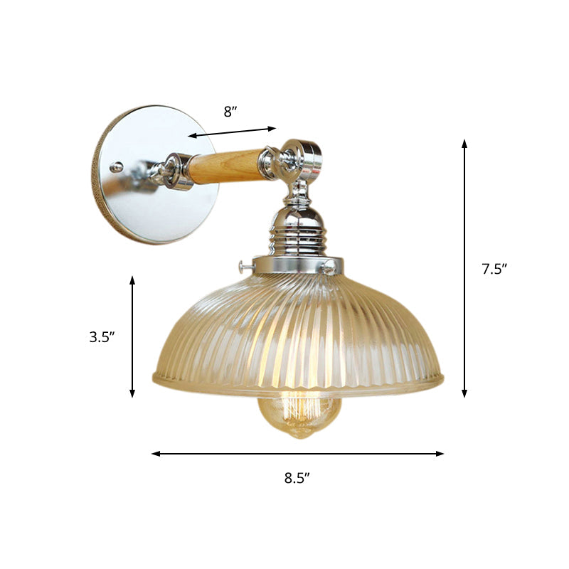 Siopsrl| Curved Living Room Wall Light Fixture Antique Stylish Ribbed Glass 1 Light Clear Wall Lamp for Hallway, 8"/4"/6" L Wooden Arm