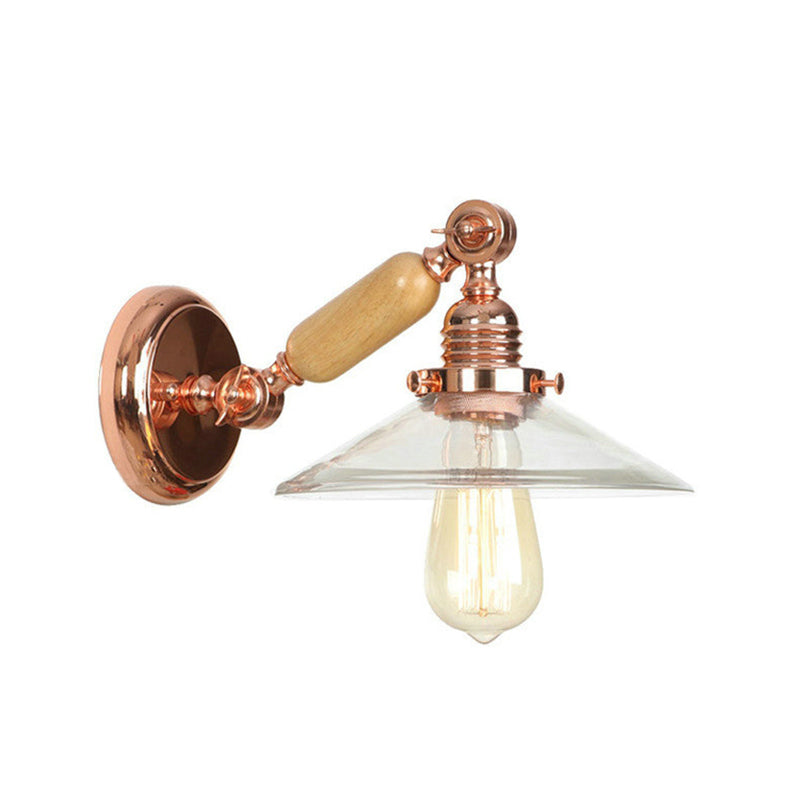 Siopsrl| 1 Light Clear Glass Wall Light Rustic Rose Gold Cone Living Room Lighting with Rotatable Arm