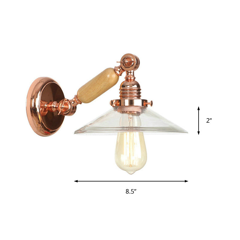 Siopsrl| 1 Light Clear Glass Wall Light Rustic Rose Gold Cone Living Room Lighting with Rotatable Arm