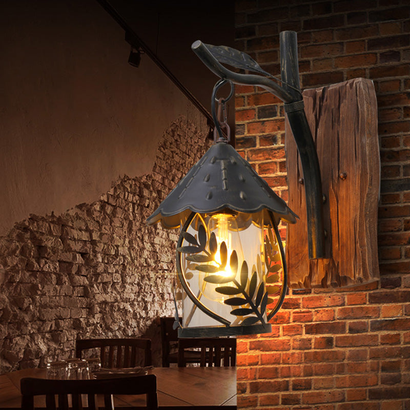 Siopsrl| A wall lamp with a glass bulb and cylindrical shade made of clear glass, industrial wall lamp for the living room with leaf branch in black
