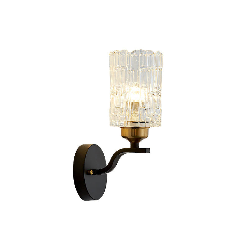 Siopsrl| Clear Crystal Cylinder Wall Light Sconce Contemporary 1 Light Sconce Lamp with Metallic Curved Arm in Black