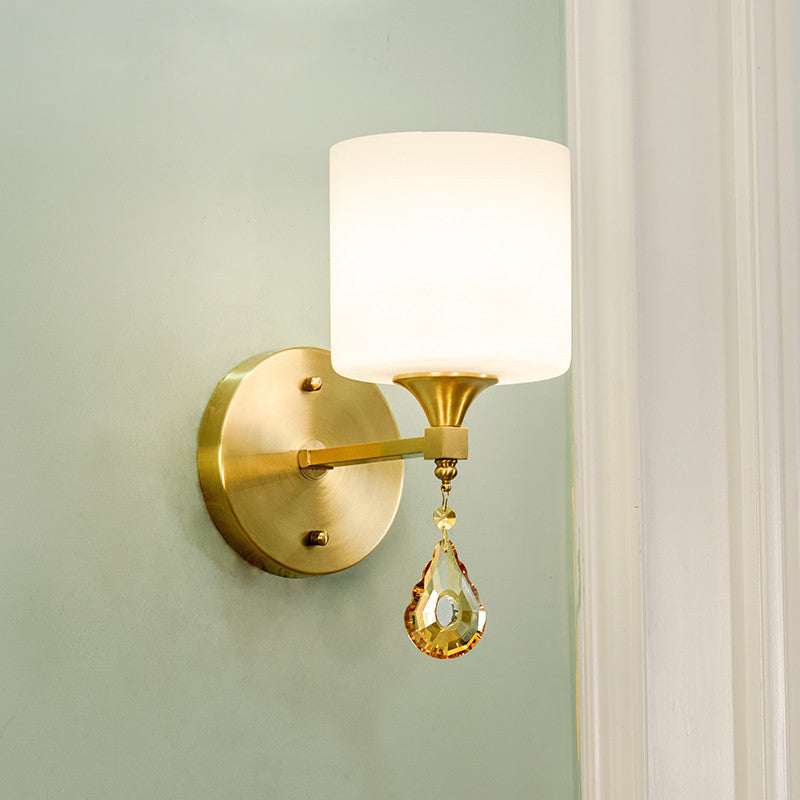 Siopsrl| Nordic Style Cylinder Wall Lamp Frosted Glass 1/2-Light Wall Light with Amber Crystal Drops in Brass