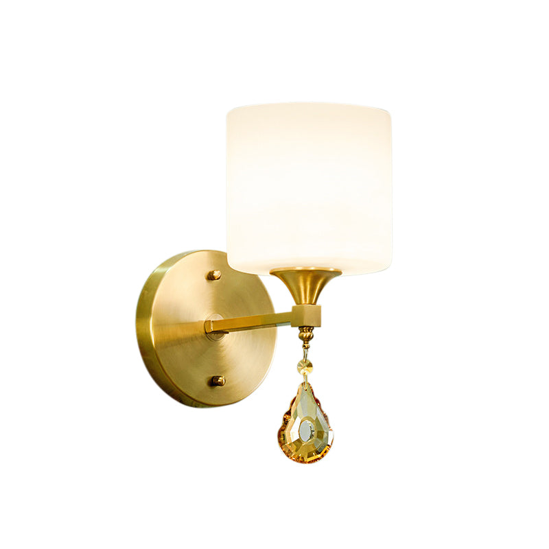 Siopsrl| Nordic Style Cylinder Wall Lamp Frosted Glass 1/2-Light Wall Light with Amber Crystal Drops in Brass