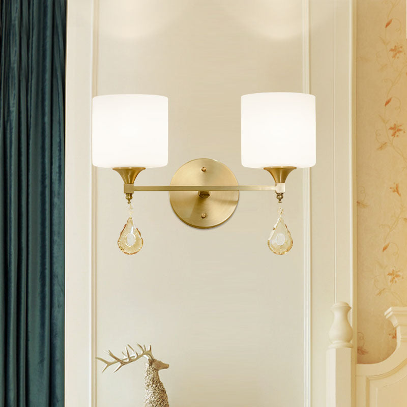 Siopsrl| Nordic Style Cylinder Wall Lamp Frosted Glass 1/2-Light Wall Light with Amber Crystal Drops in Brass