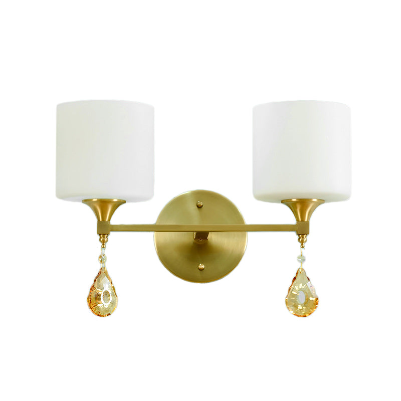 Siopsrl| Nordic Style Cylinder Wall Lamp Frosted Glass 1/2-Light Wall Light with Amber Crystal Drops in Brass