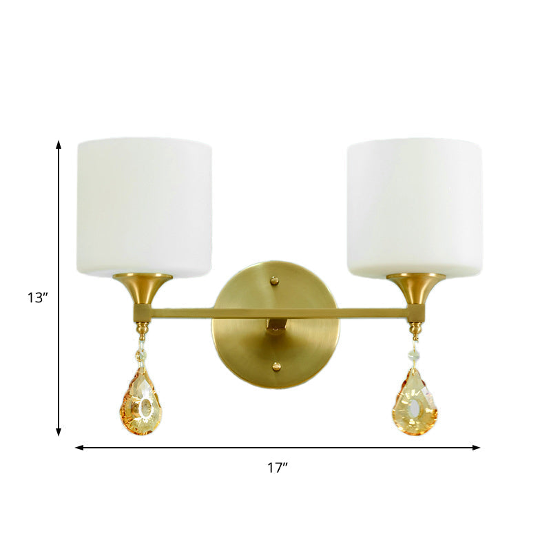 Siopsrl| Nordic Style Cylinder Wall Lamp Frosted Glass 1/2-Light Wall Light with Amber Crystal Drops in Brass