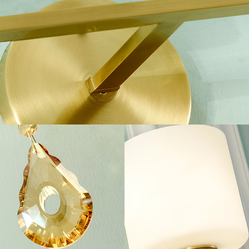 Siopsrl| Nordic Style Cylinder Wall Lamp Frosted Glass 1/2-Light Wall Light with Amber Crystal Drops in Brass