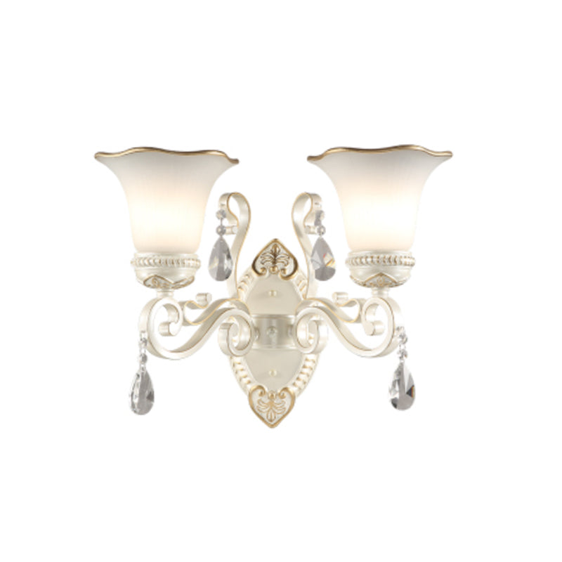 Siopsrl| Milk glass flower wall lamp vintage 1/2 head wall-mounted light with clear crystal accent in white for the bedroom