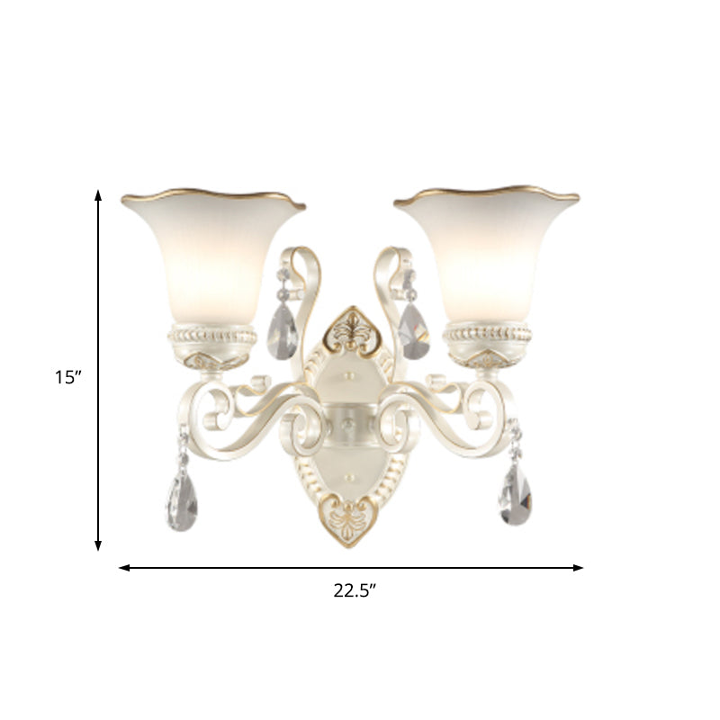 Siopsrl| Milk glass flower wall lamp vintage 1/2 head wall-mounted light with clear crystal accent in white for the bedroom