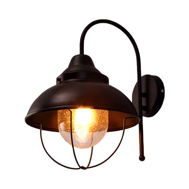 Siopsrl| Farmhouse Dome Wall Lamp 1 Light Metal Wall Lighting with Cage and Sawed Glass Shade in Black
