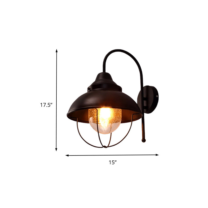 Siopsrl| Farmhouse Dome Wall Lamp 1 Light Metal Wall Lighting with Cage and Sawed Glass Shade in Black