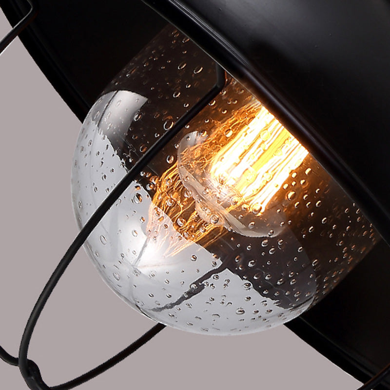 Siopsrl| Farmhouse Dome Wall Lamp 1 Light Metal Wall Lighting with Cage and Sawed Glass Shade in Black