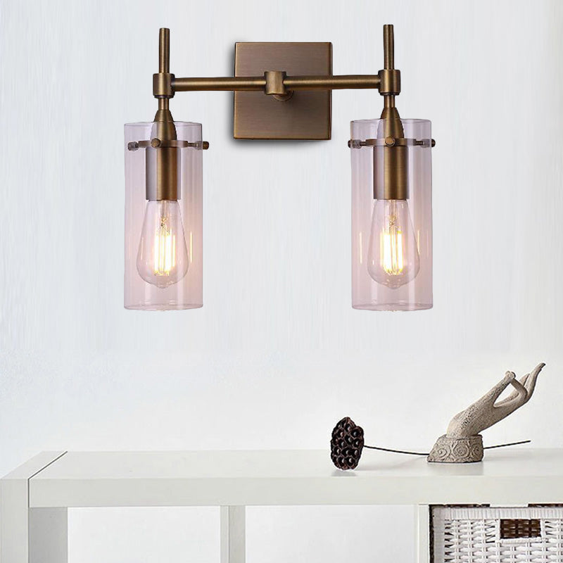 Siopsrl| Clear Glass Cylinder Wall Lantern Modern 2 Lights Dining Room Lighting Fixture in Patina Brass