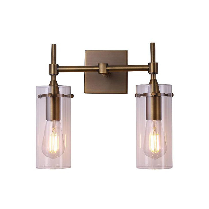 Siopsrl| Clear Glass Cylinder Wall Lantern Modern 2 Lights Dining Room Lighting Fixture in Patina Brass