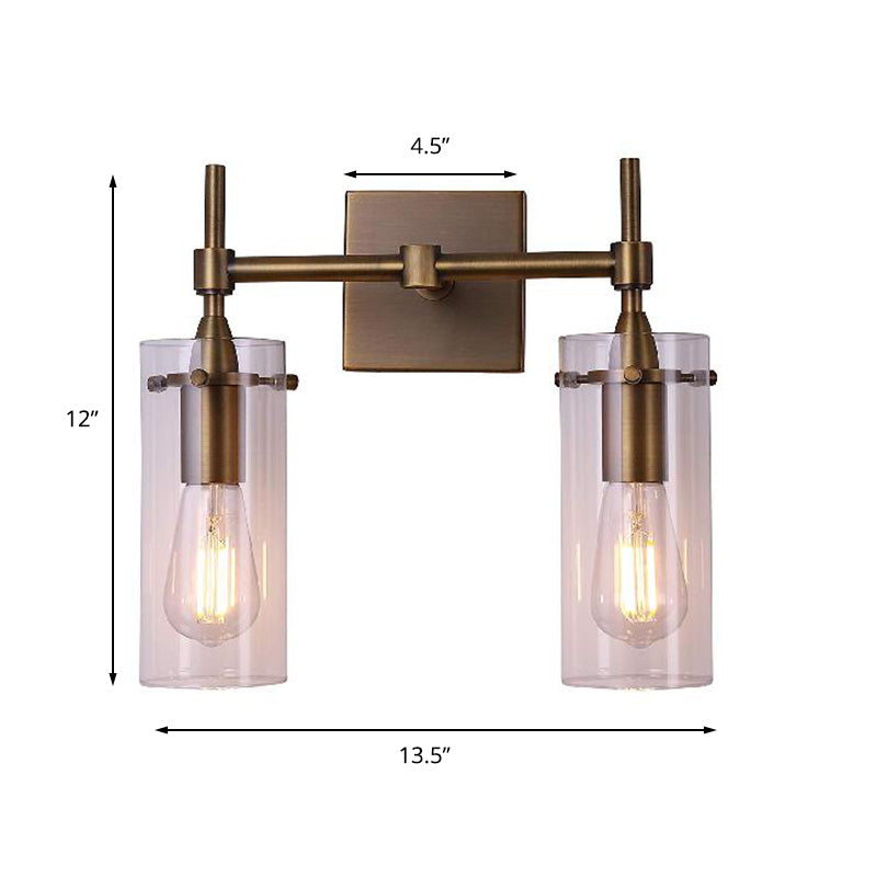 Siopsrl| Clear Glass Cylinder Wall Lantern Modern 2 Lights Dining Room Lighting Fixture in Patina Brass