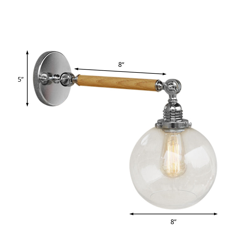 Siopsrl| Vintage Orb Wall Light Fixture 1 Lamp Clear Glass Wall Lamp in Chrome for Bathroom, 8"/4"/6" Wide Wooden Arm