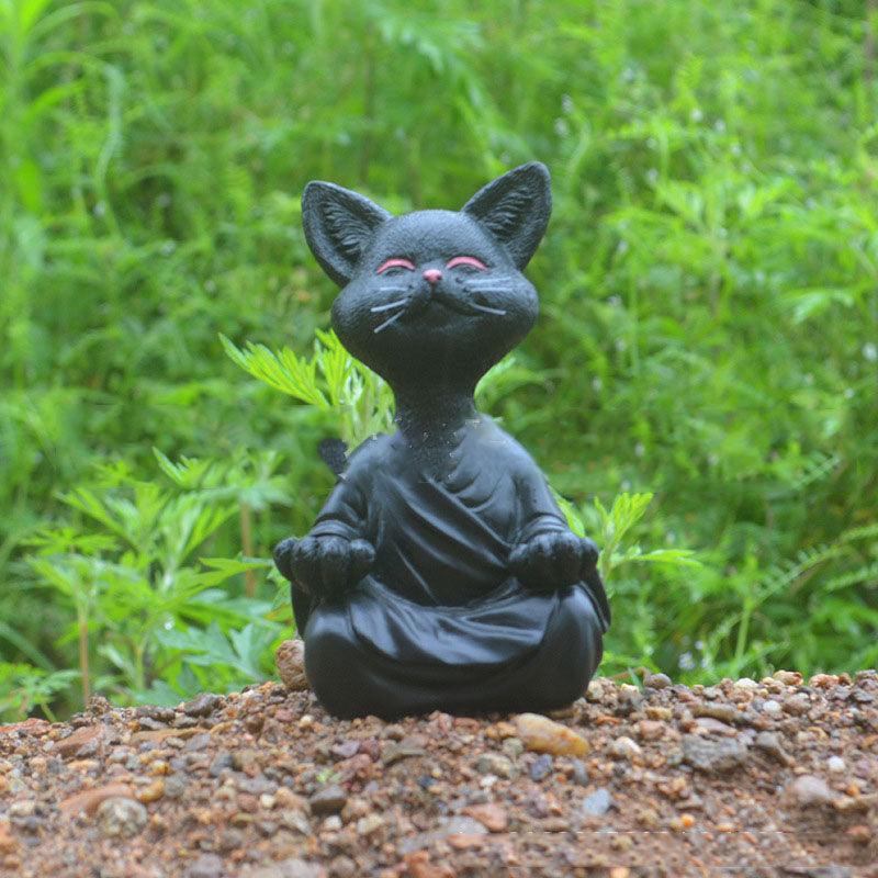 Siopsrl| Playful Black Buddha Cat Figure Meditation Yoga Collectible Happy Cat Decor Home Garden Decoration Garden Ornament